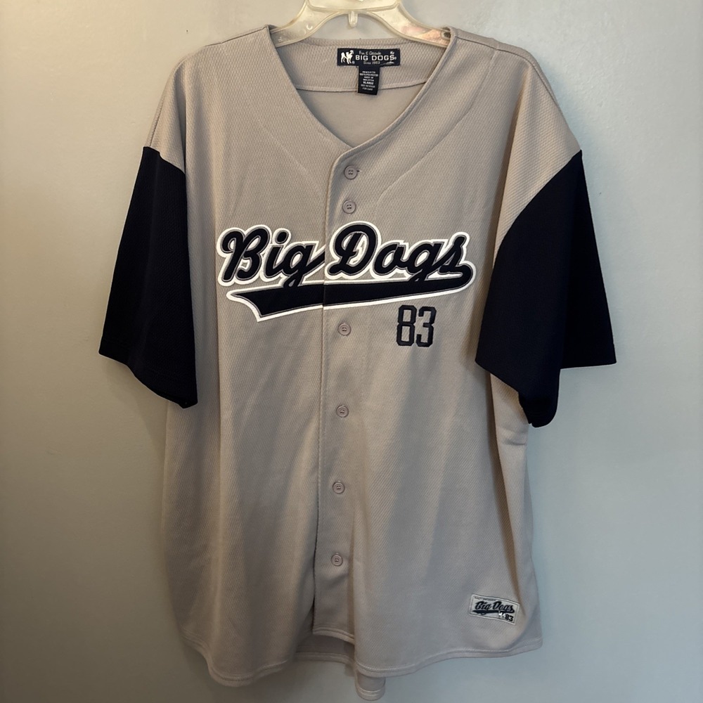Big Dogs Baseball Jersey‎ Shirt #83 Grey Blue Embroidery Mens Size XL